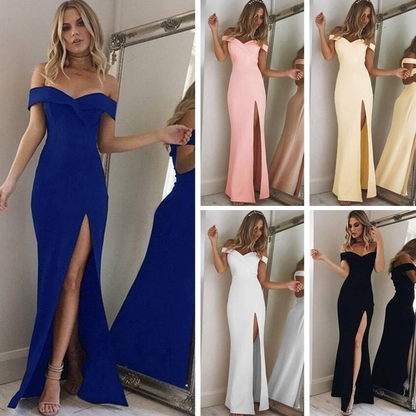 Women Sexy High Split Strapless Off Shoulder Dress Short Sleeve Slash Neck Maxi Dresses