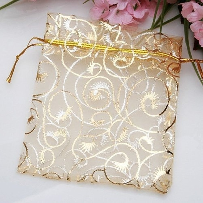 100pcs Champagne Eyelash Organza Drawstring Pouches Jewelry Party Wedding Favor Gift Bags