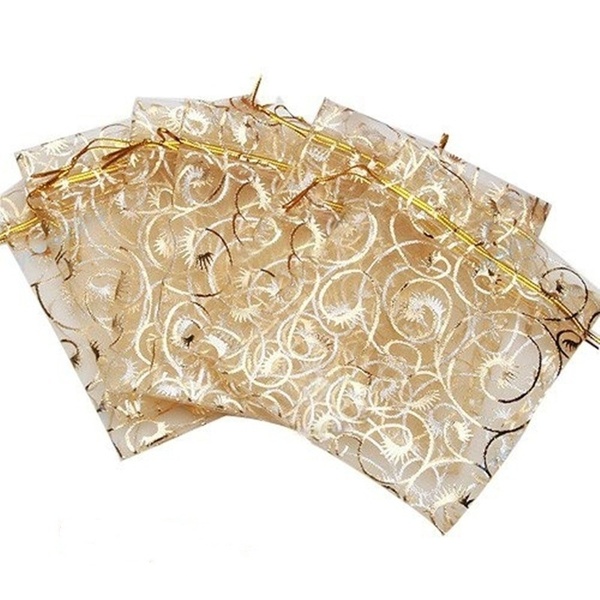 100pcs Champagne Eyelash Organza Drawstring Pouches Jewelry Party Wedding Favor Gift Bags