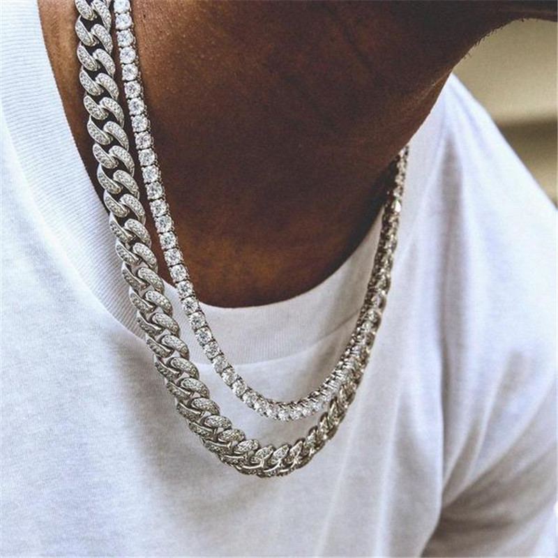 2pcs/set Hip Hop Full Rhinestones Iced Out Miami Curb Cuban Chain Necklace