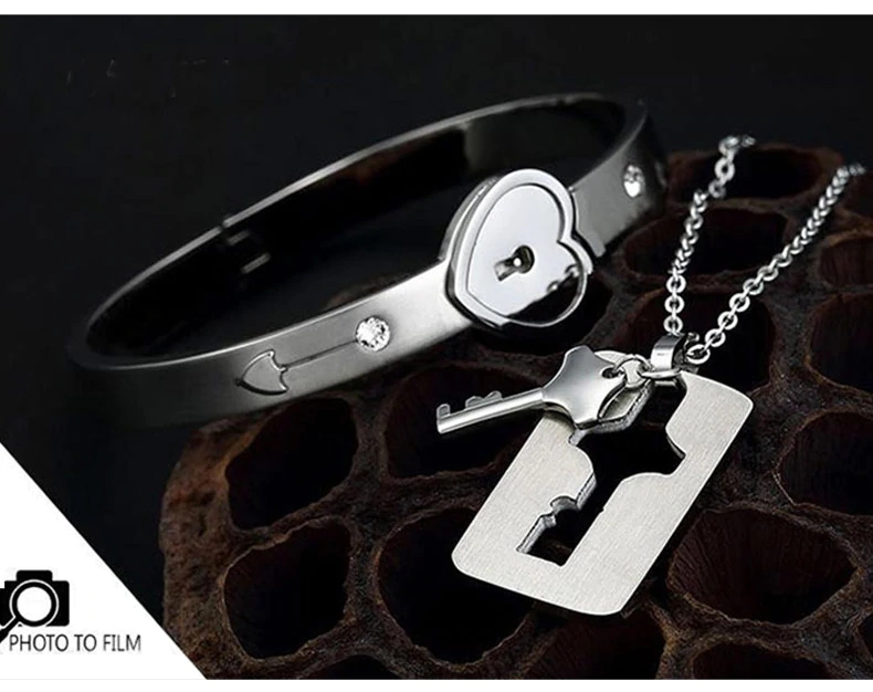 Couple Lovers Jewelry Love Heart Lock Bracelet Stainless Steel  Bangles Key Pendant Necklace