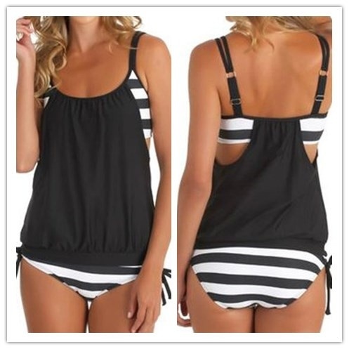 Women's stripes Lined up double up tankini top swimwear