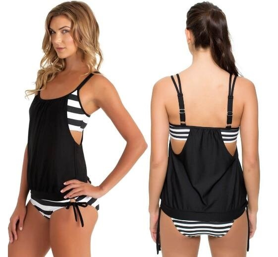 Women's stripes Lined up double up tankini top swimwear