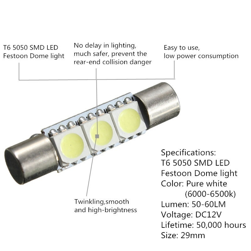 5PCS 29mm T6 5050 LED Bulb For Car Sun Visor Vanity Mirror Fuse Light White
