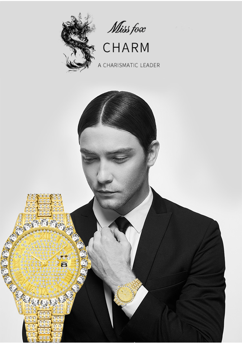 Men's Watch  Luxury Brand Gold Men Fashion Watches Men Big Diamond Bracelet Luxury Watch