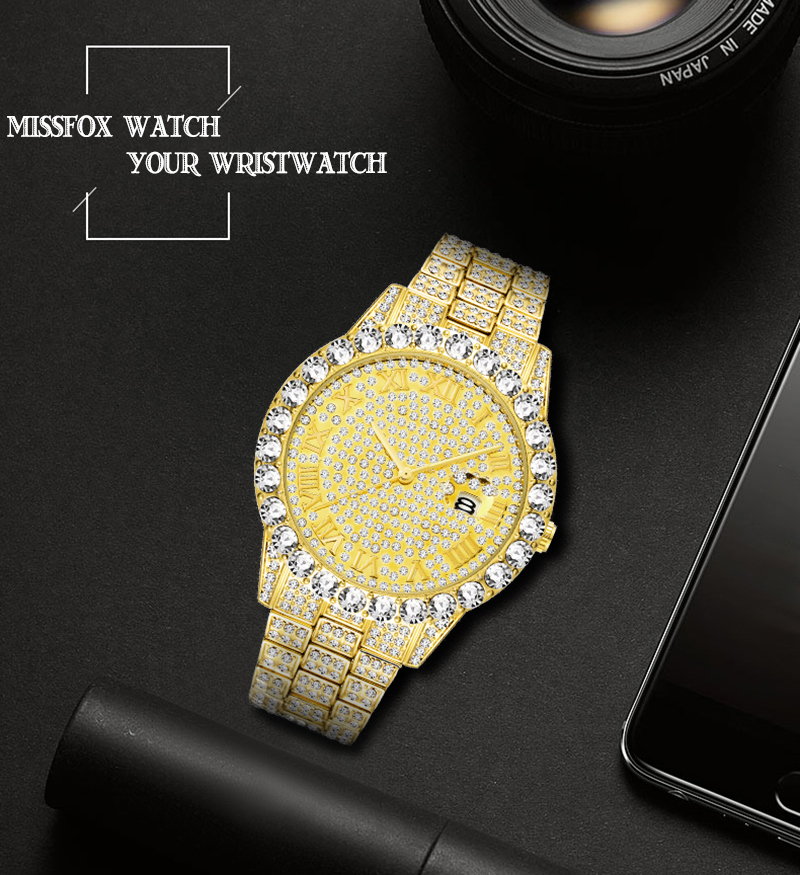 Men's Watch  Luxury Brand Gold Men Fashion Watches Men Big Diamond Bracelet Luxury Watch