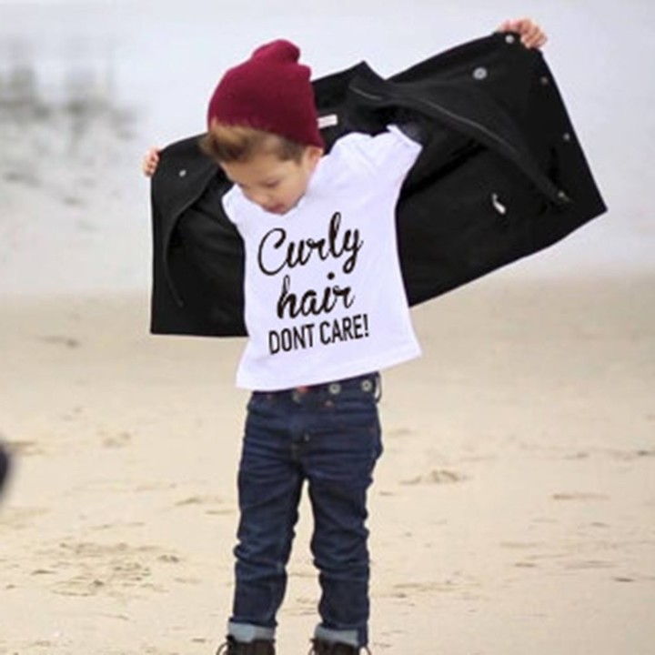 Baby Boys Girls T-shirt Solid Curly Hair Don't Care Printed Short Sleeve Tops