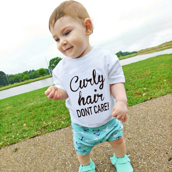 Baby Boys Girls T-shirt Solid Curly Hair Don't Care Printed Short Sleeve Tops