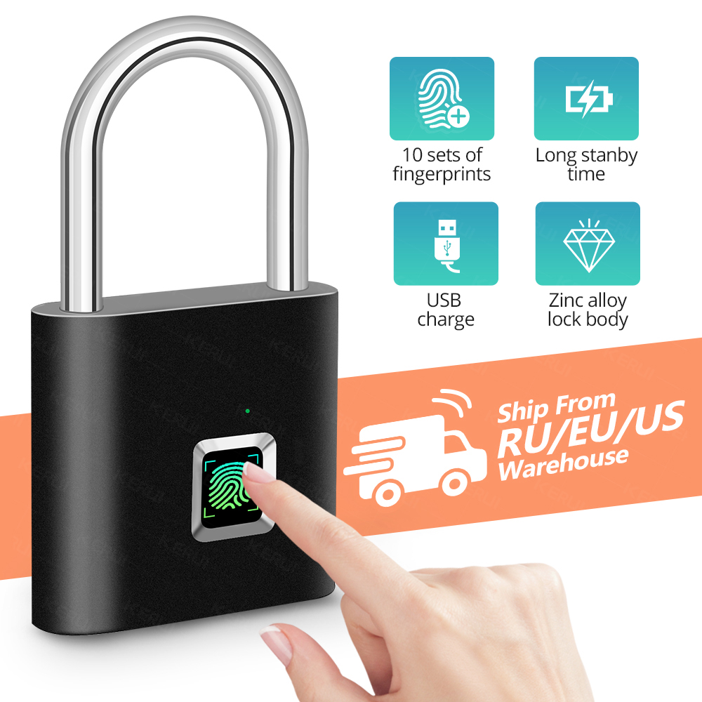 Waterproof USB Charging Fingerprint Lock Smart Padlock door lock 0.1sec Unlock Portable Anti-theft