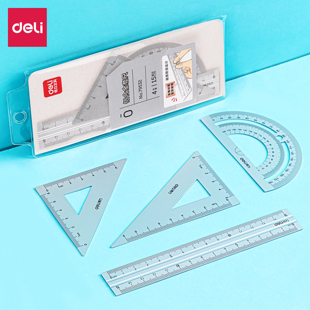 Deli Aluminium Ruler Set 4pcs/set Metal Geometry Maths Drawing compass stationery Rulers