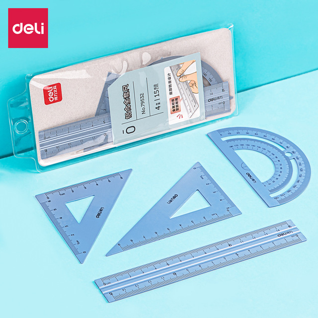 Deli Aluminium Ruler Set 4pcs/set Metal Geometry Maths Drawing compass stationery Rulers