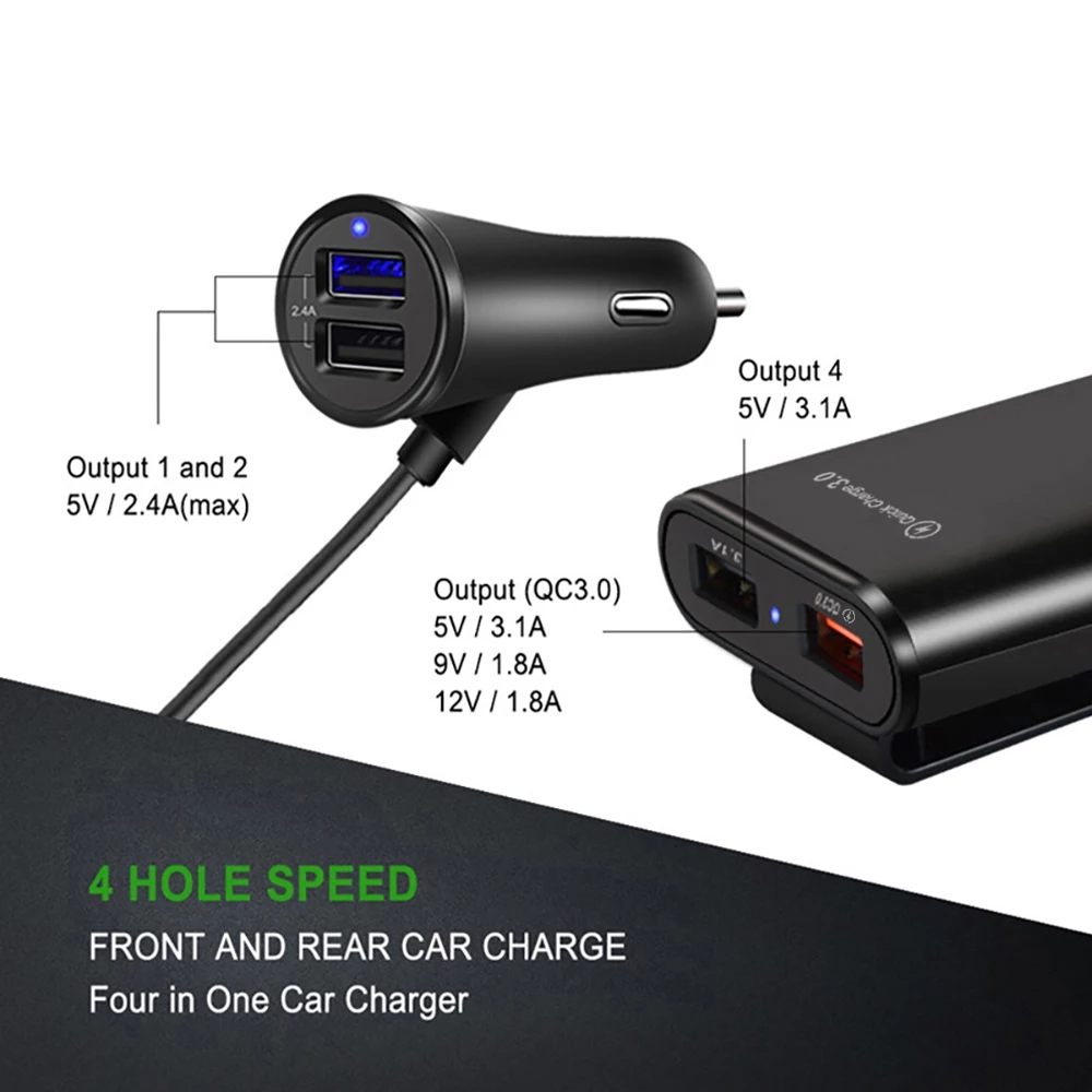 4 Port USB Car Charger Quick Charge QC3.0 5.6ft Extension Cable For iPhone 12 Xiaomi Mobile Phone