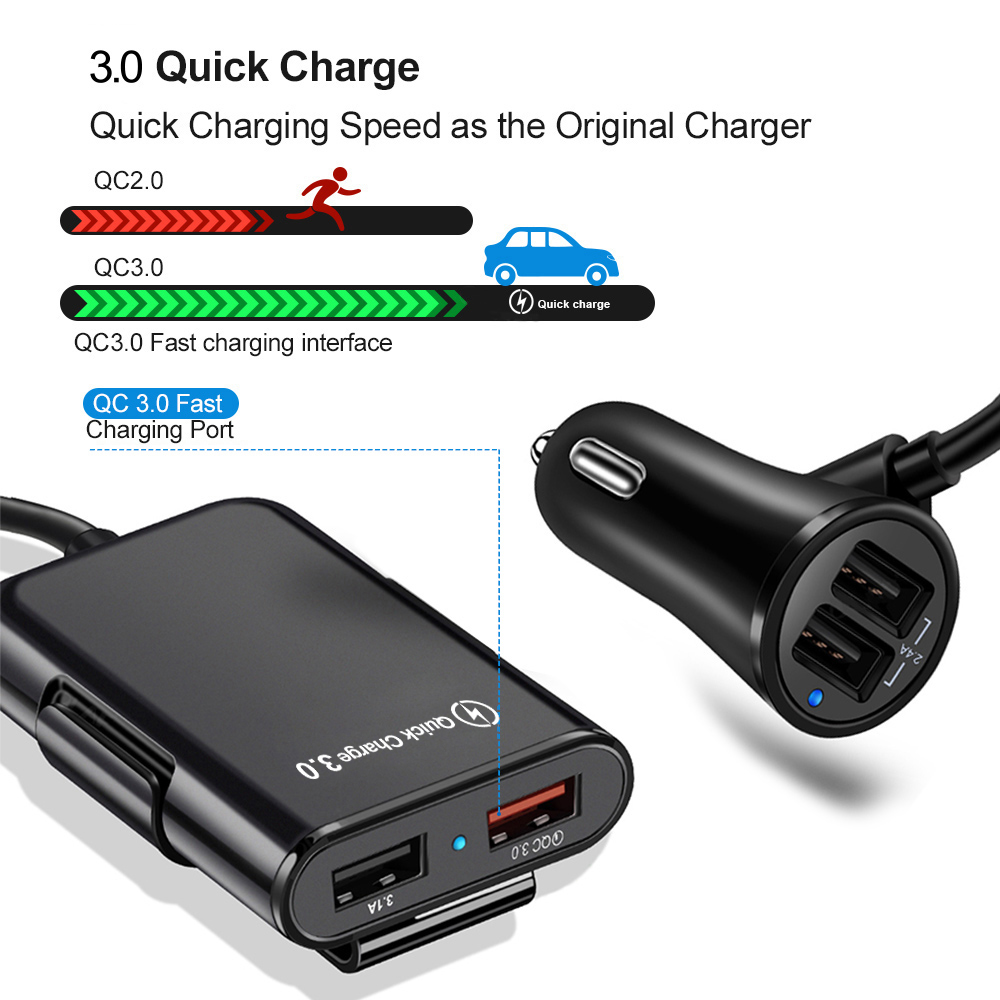 4 Port USB Car Charger Quick Charge QC3.0 5.6ft Extension Cable For iPhone 12 Xiaomi Mobile Phone