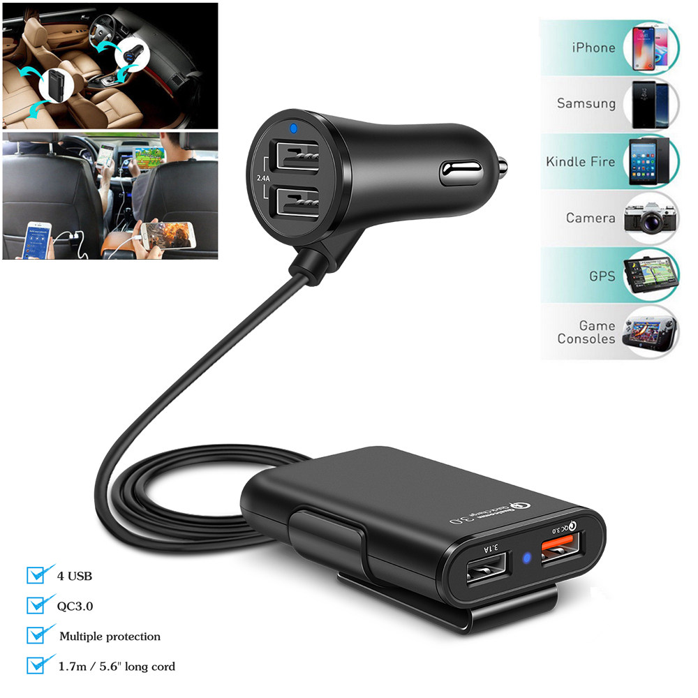 4 Port USB Car Charger Quick Charge QC3.0 5.6ft Extension Cable For iPhone 12 Xiaomi Mobile Phone