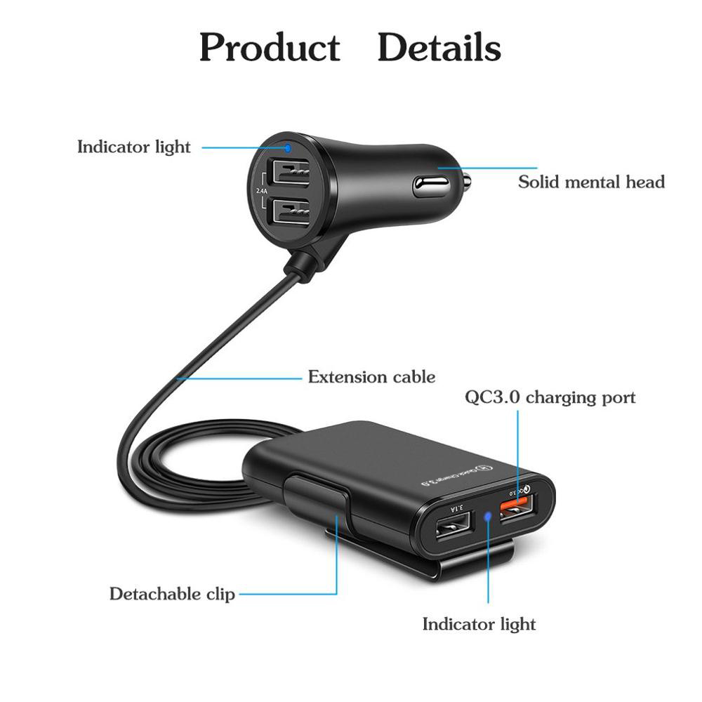 4 Port USB Car Charger Quick Charge QC3.0 5.6ft Extension Cable For iPhone 12 Xiaomi Mobile Phone