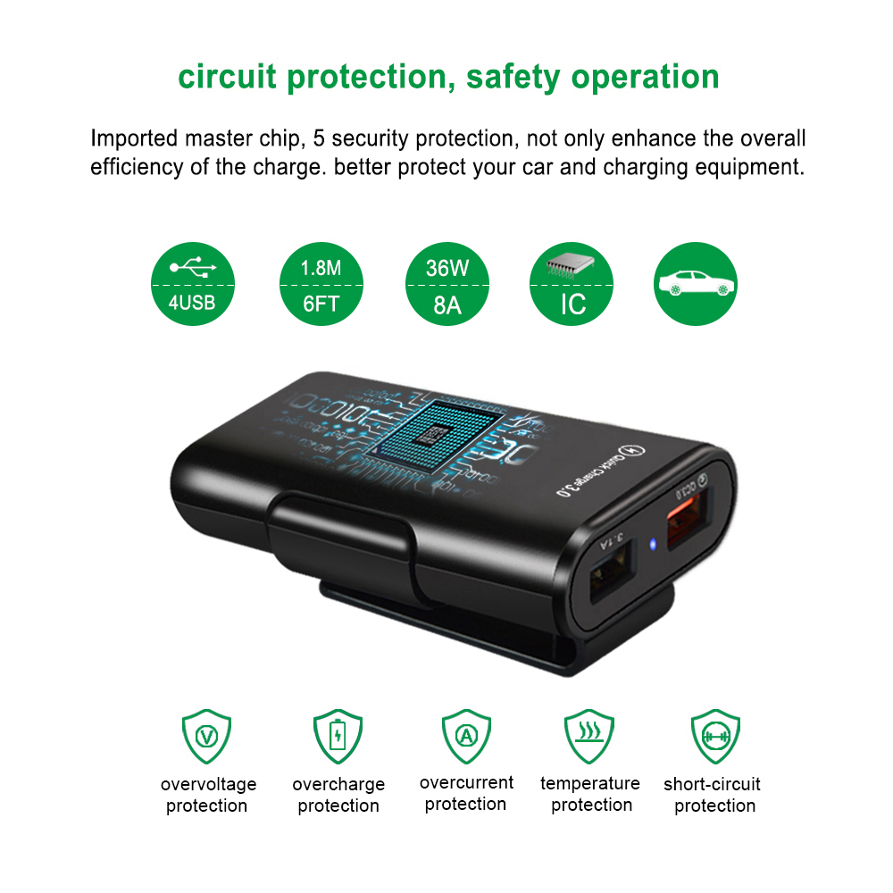 4 Port USB Car Charger Quick Charge QC3.0 5.6ft Extension Cable For iPhone 12 Xiaomi Mobile Phone