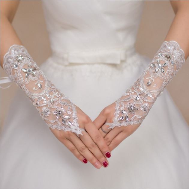 Women's Rhinestones Lace Fingerless Brides Wedding Gloves Accessory