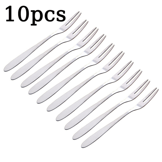 10 Pcs Fruit Fork Stainless Steel Two-toothed Fork Cake Fork Western Small Fork Multifunctional Household Kitchen Accessories