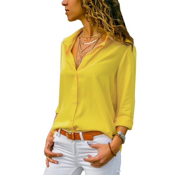 New style Ladies Lapel Collar Long Sleeve Buttons Open Office Style Plain Color Chiffon Shirts Tops