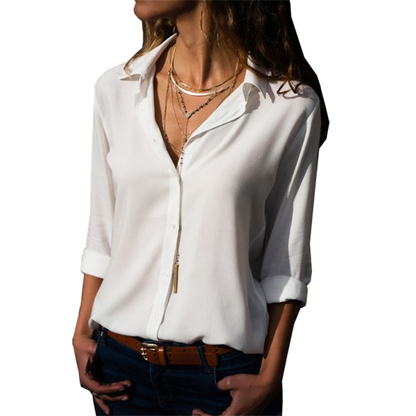 New style Ladies Lapel Collar Long Sleeve Buttons Open Office Style Plain Color Chiffon Shirts Tops