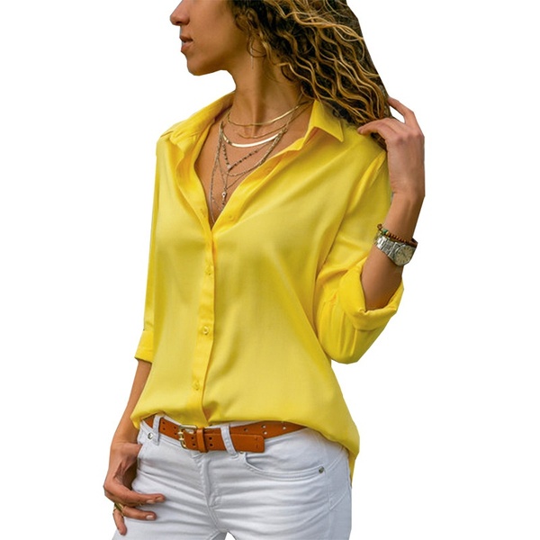 New style Ladies Lapel Collar Long Sleeve Buttons Open Office Style Plain Color Chiffon Shirts Tops