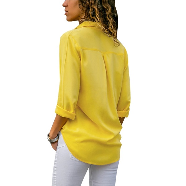 New style Ladies Lapel Collar Long Sleeve Buttons Open Office Style Plain Color Chiffon Shirts Tops
