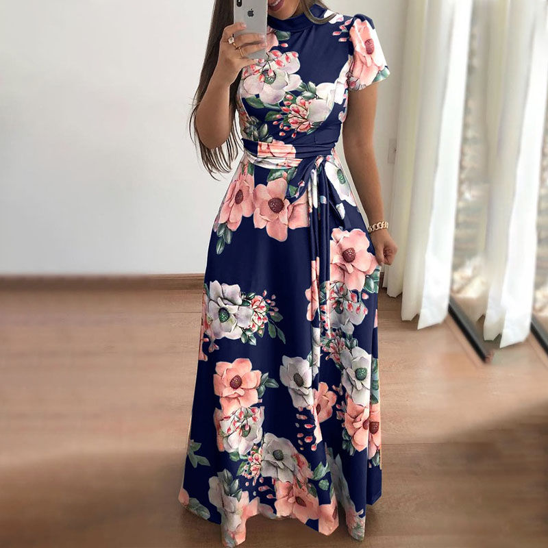 New style flower print short sleeve large swing dress women's dresses