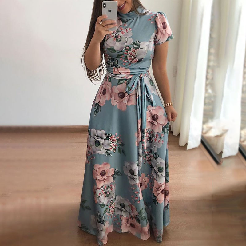New style flower print short sleeve large swing dress women's dresses