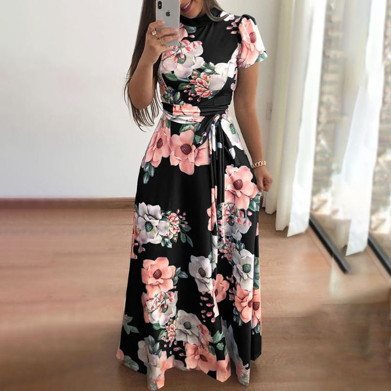 New style flower print short sleeve large swing dress women's dresses