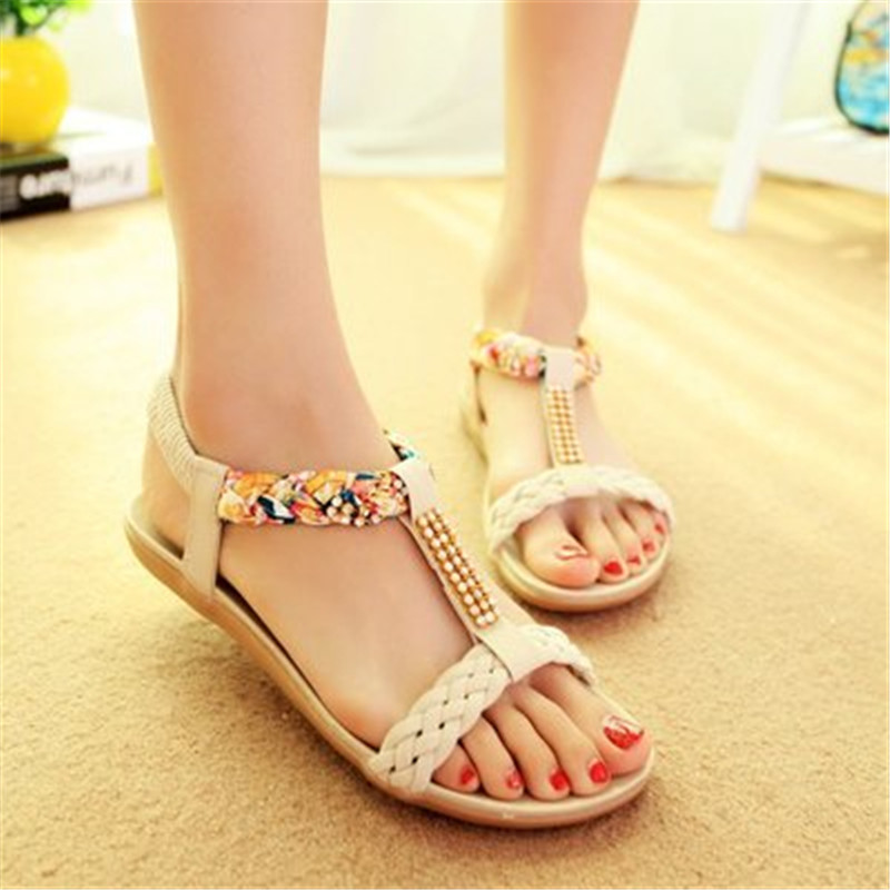 New Women Flat Bottom Water Drill Bohemian Open-toed Flat-heeled Sweet Sandals