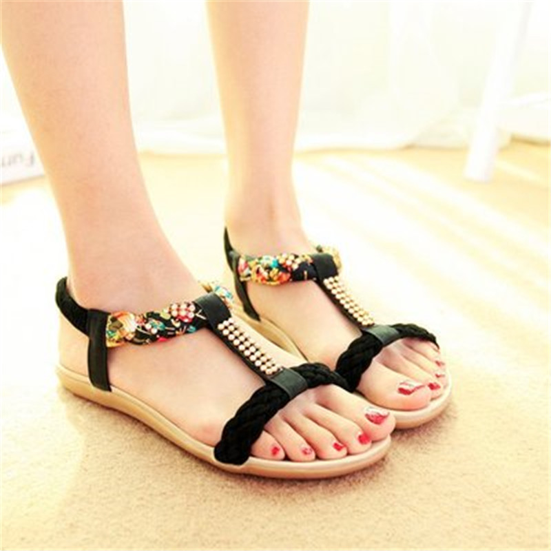 New Women Flat Bottom Water Drill Bohemian Open-toed Flat-heeled Sweet Sandals