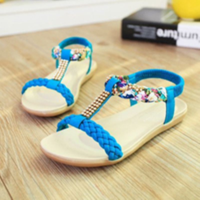 New Women Flat Bottom Water Drill Bohemian Open-toed Flat-heeled Sweet Sandals