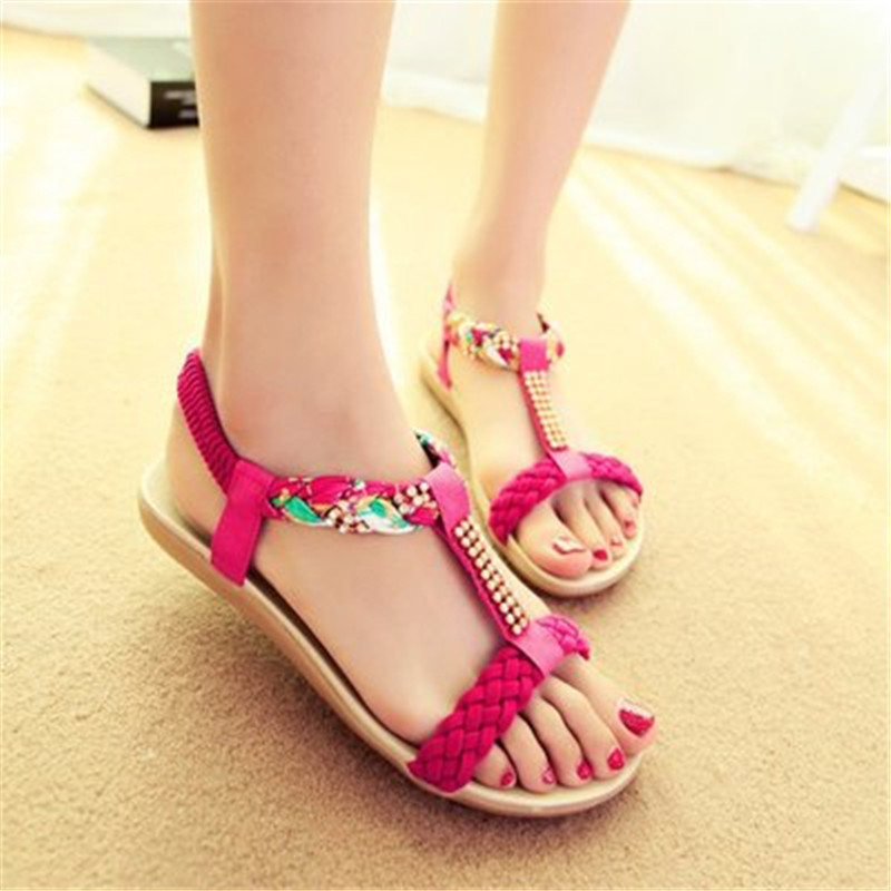 New Women Flat Bottom Water Drill Bohemian Open-toed Flat-heeled Sweet Sandals