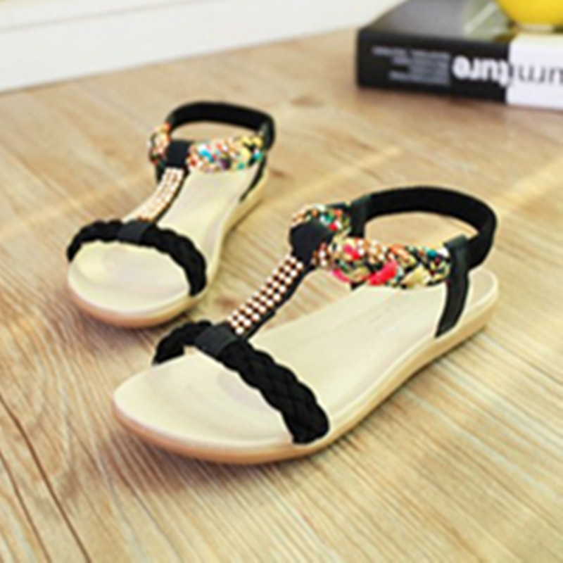 New Women Flat Bottom Water Drill Bohemian Open-toed Flat-heeled Sweet Sandals