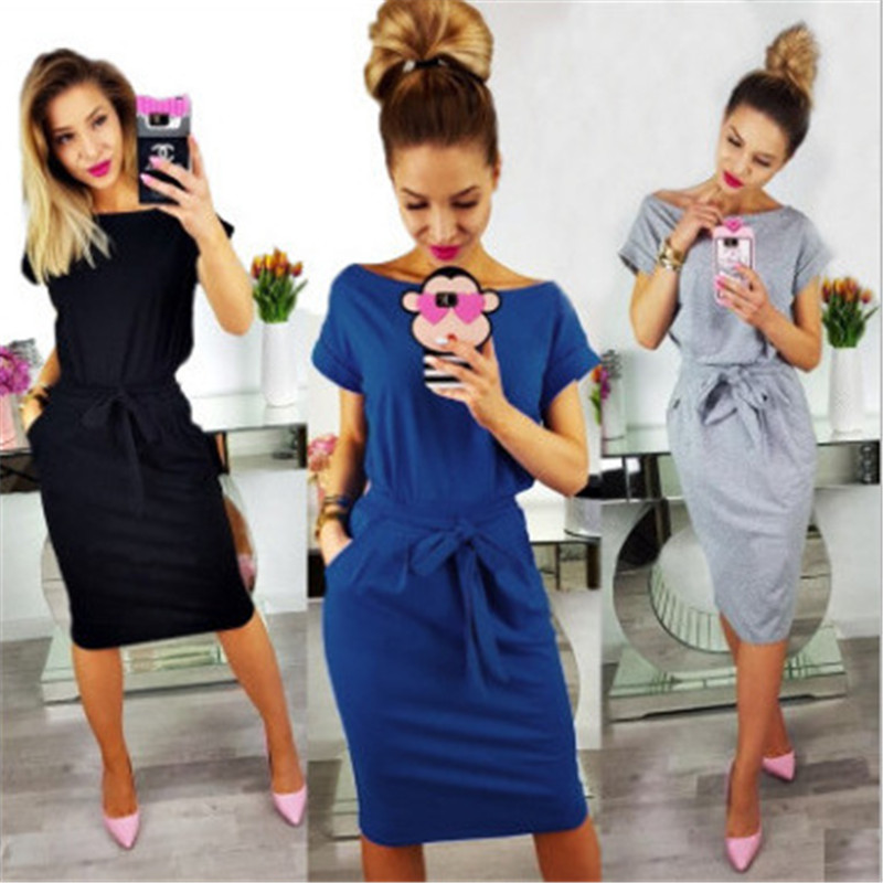 New fashionable casual round collar short sleeve waist dress for women