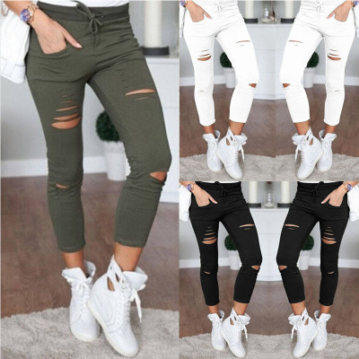 New Skinny Jeans Women Denim Pants Holes Destroyed Knee  Casual Trousers Stretch Ripped