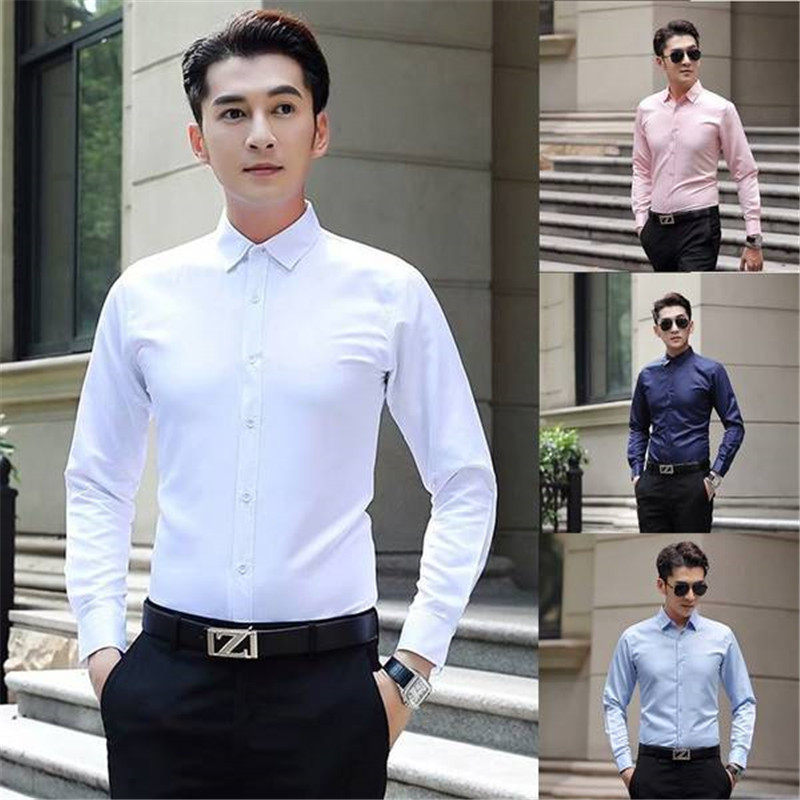 New men's white shirt new men's long-sleeved slim shirt solid color