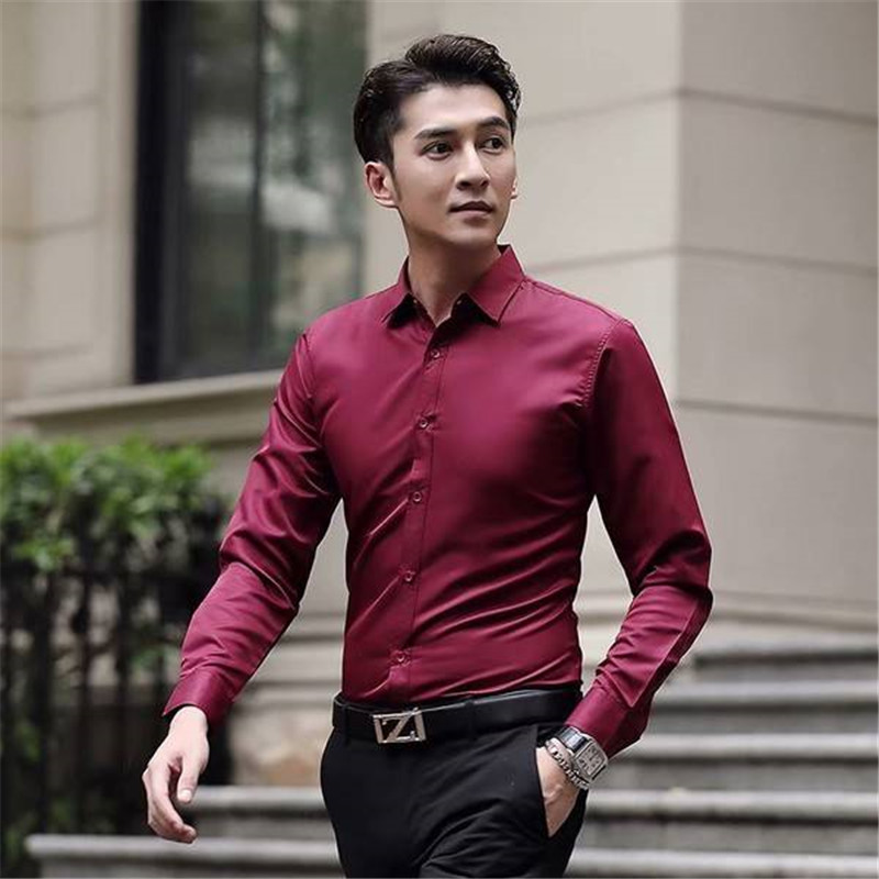New men's white shirt new men's long-sleeved slim shirt solid color