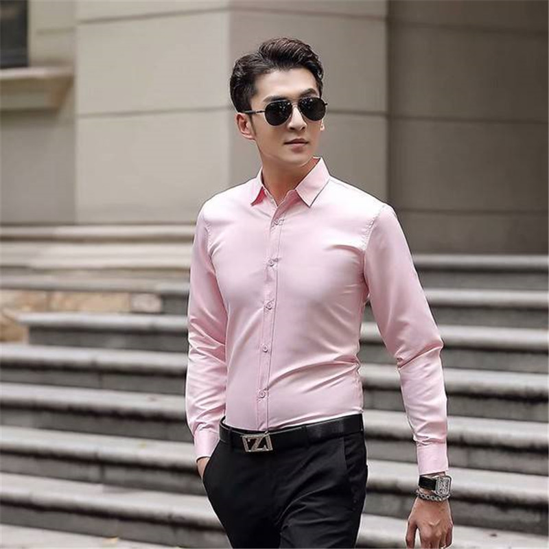New men's white shirt new men's long-sleeved slim shirt solid color