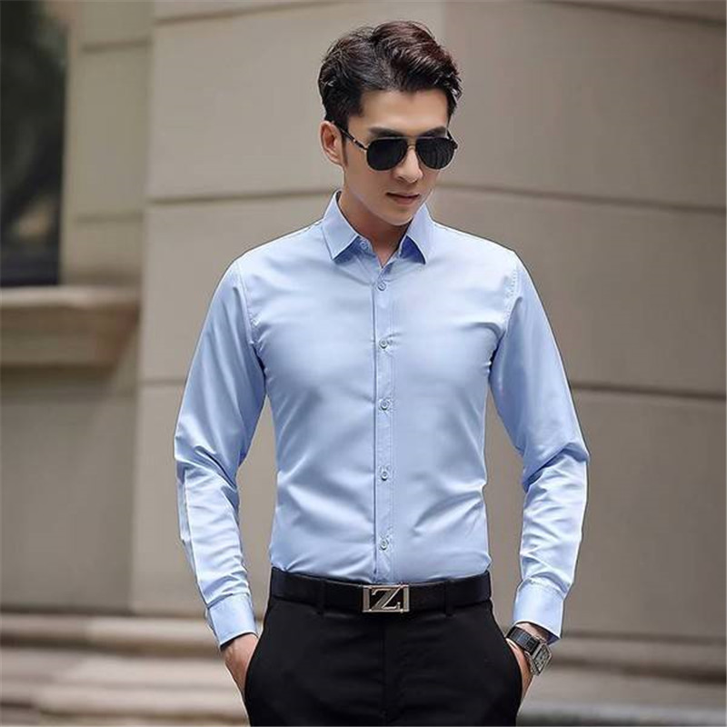 New men's white shirt new men's long-sleeved slim shirt solid color