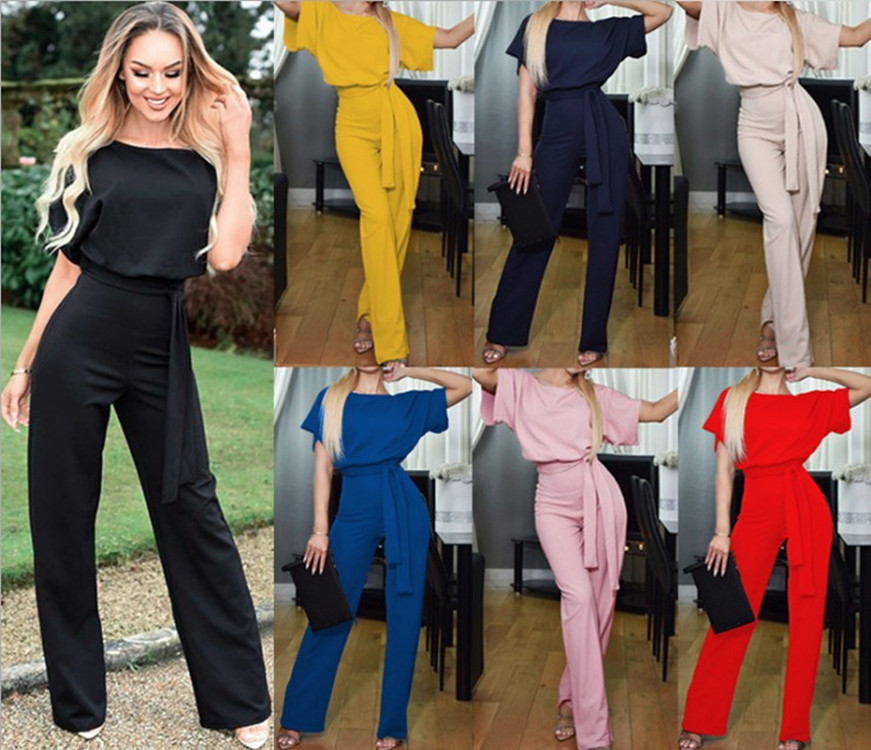 New women's fashion belted button short-sleeved casual jumpsuit for women