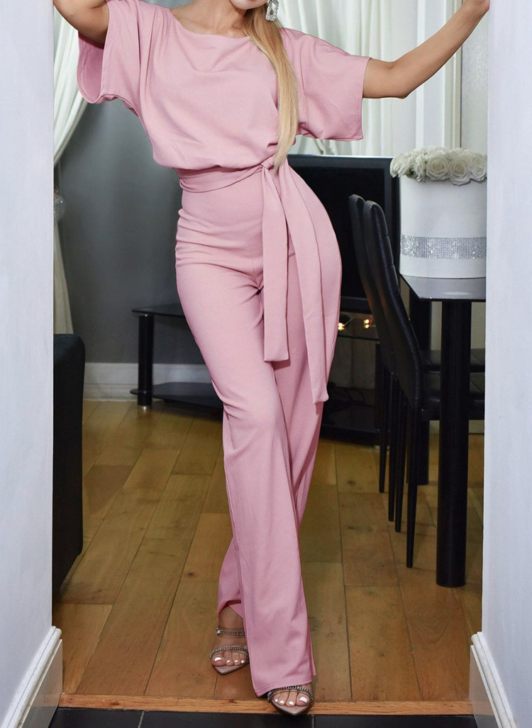 New women's fashion belted button short-sleeved casual jumpsuit for women