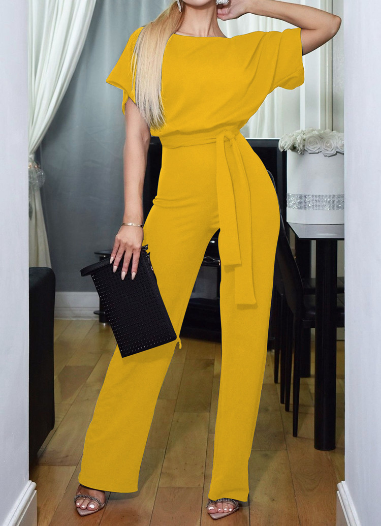 New women's fashion belted button short-sleeved casual jumpsuit for women