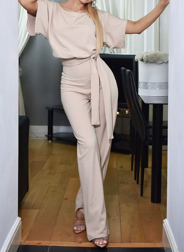 New women's fashion belted button short-sleeved casual jumpsuit for women