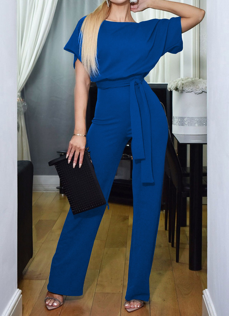 New women's fashion belted button short-sleeved casual jumpsuit for women