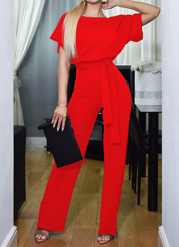 New women's fashion belted button short-sleeved casual jumpsuit for women