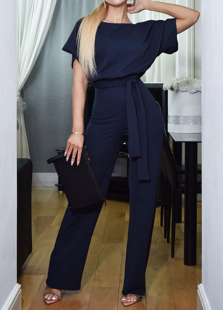 New women's fashion belted button short-sleeved casual jumpsuit for women