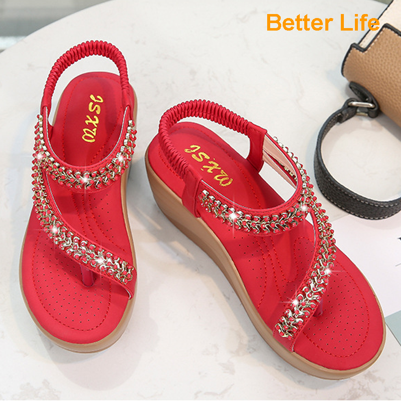 Soft Platform Wedge Heel Sandals Women's Tong Open Shoes Officer Lace Ladies Flip Flops Beach Party