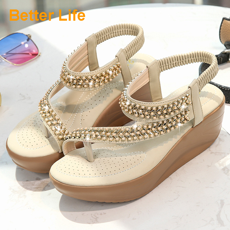 Soft Platform Wedge Heel Sandals Women's Tong Open Shoes Officer Lace Ladies Flip Flops Beach Party
