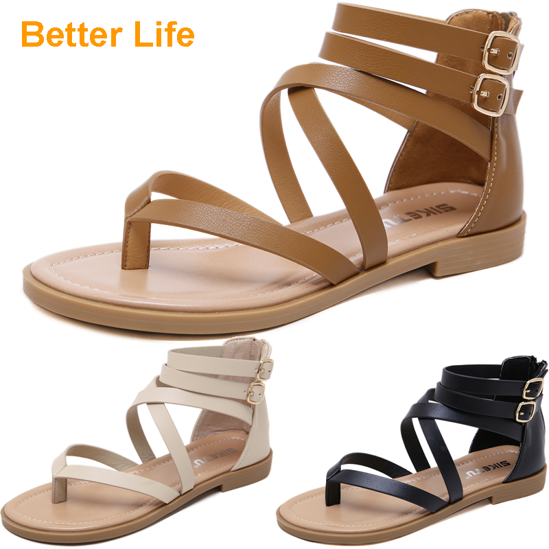 Leather Maasai Flat Sandals Women's Shoes for Dinner Dress Party Strappy Roman Flip Flops Peep Toes